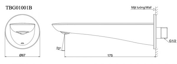 Bản vẽ kỹ thuật Vòi xả bồn tắm TOTO TBG01001B sen âm tường GO