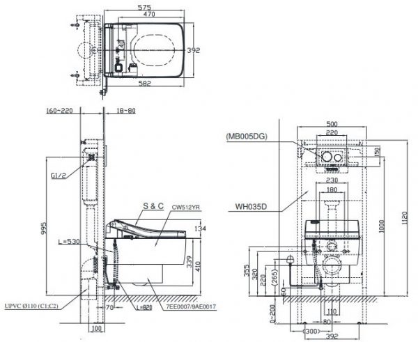 Bản vẽ kỹ thuật xí bệt CW512YR 7EE0007 TCF403EA​: