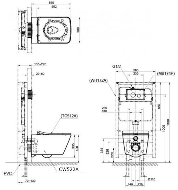 Bản vẽ kỹ thuật xí bệt CW522A#W