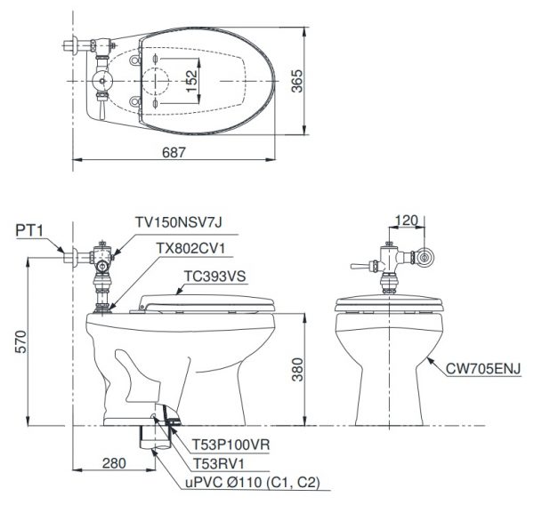 Bản vẽ kỹ thuật xí bệt CW705ENJ/TV150NSV7J