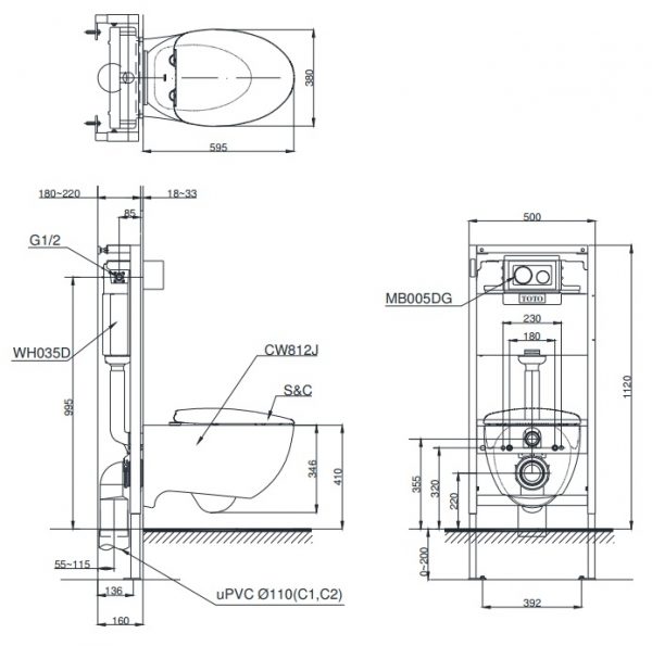 Bản vẽ kỹ thuật xí bệt CW812JWS/WH037D/MB005DG