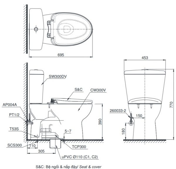 Bản vẽ kỹ thuật xí bệt TOTO C300