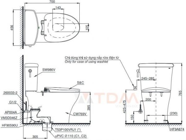 Bản vẽ kỹ thuật xí bệt TOTO C986 + S986G