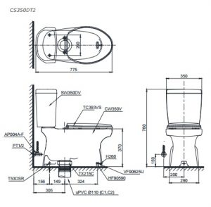 Bản vẽ kỹ thuật xí bệt TOTO CS350DT2
