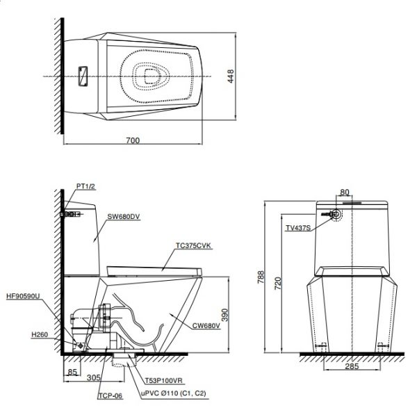 Bản vẽ kỹ thuật xí bệt TOTO CS680DT4