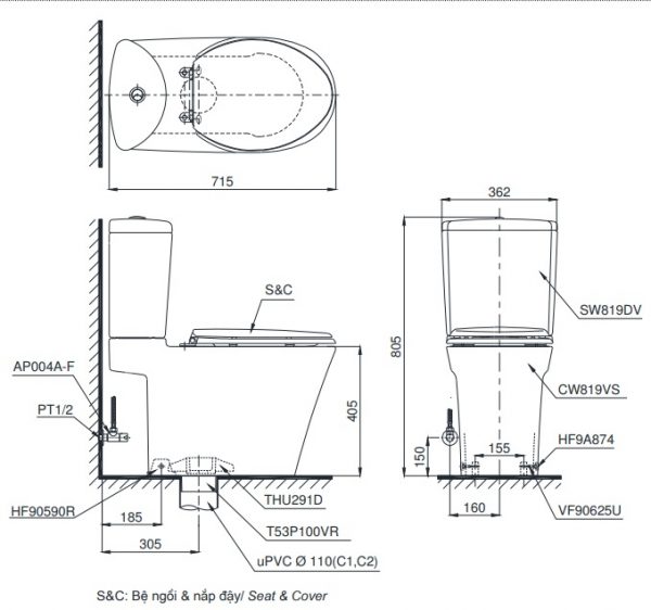 Bản vẽ kỹ thuật xí bệt TOTO CS819DST8