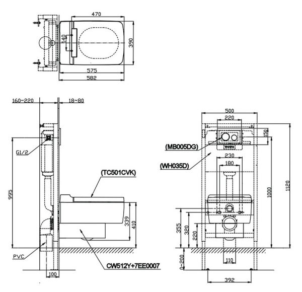 Bản vẽ kỹ thuật xí bệt TOTO CW512YR/7EE0007/TC501CVK​