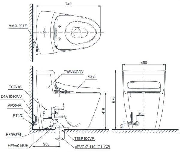 Bản vẽ kỹ thuật xí bệt TOTO MS636DT8