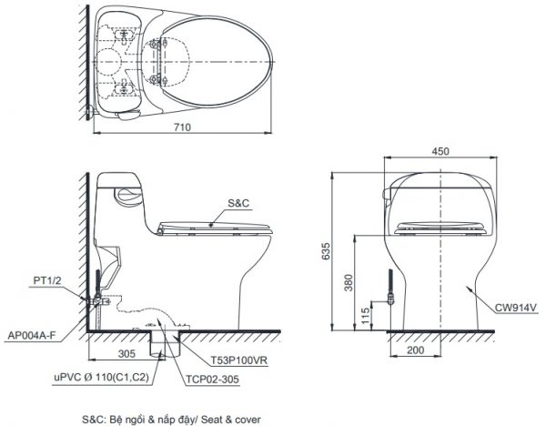 Bản vẽ kỹ thuật xí bệt TOTO MS914T8