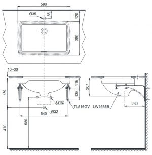 Bản vẽ lavabo âm bàn LW1536V TOTO