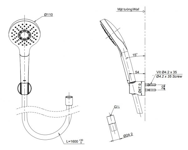 Bản vẽ tay sen tắm TOTO TBW01008A