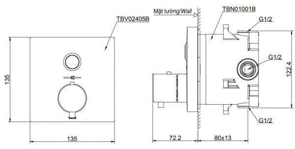 Bản vẽ van 1 đường nước Toto TBV02405B TBN01001B âm tường