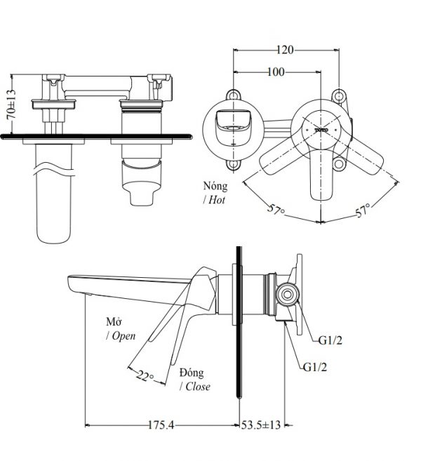 bản vẽ vòi chậu gật gù TOTO TLG03307B nóng lạnh gắn tường