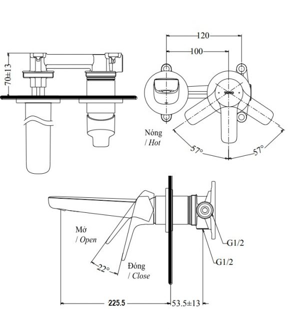 bản vẽ vòi chậu gật gù TOTO TLG03308B nóng lạnh gắn tường