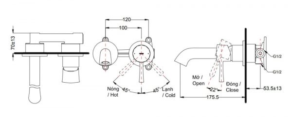 bản vẽ vòi chậu gật gù TOTO TLS02307B nóng lạnh gắn tường