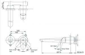 bản vẽ vòi chậu gật gù TOTO TLS03308B nóng lạnh gắn tường