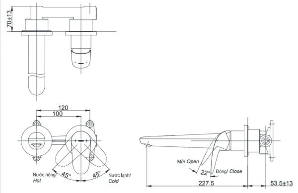 bản vẽ vòi chậu gật gù TOTO TLS03308B nóng lạnh gắn tường