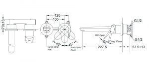 TOTO TLS04309B - Vòi chậu lavabo âm tường nóng lạnh LF 5 bản vẽ vòi chậu gật gù TOTO TLS04309B nóng lạnh gắn tường