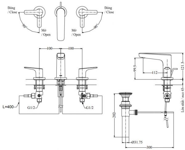 Bản vẽ vòi gắn chậu lavabo TOTO TLG03201B