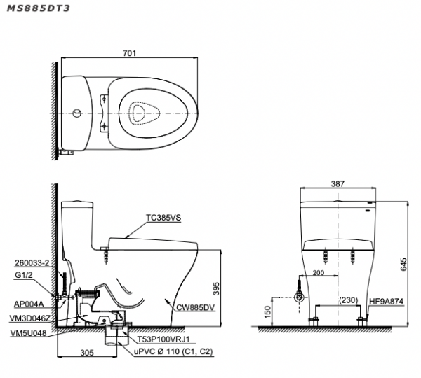 Bồn cầu 1 khối TOTO MS885DT3 nắp êm TC385VS