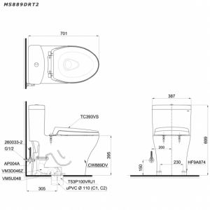 Bản vẽ kĩ thuật Bồn cầu 1 khối TOTO MS889DRT8 nắp êm TC600VS