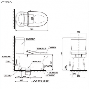 Bồn cầu 2 khối TOTO CS350DE4 nắp rửa cơ TCW1211A