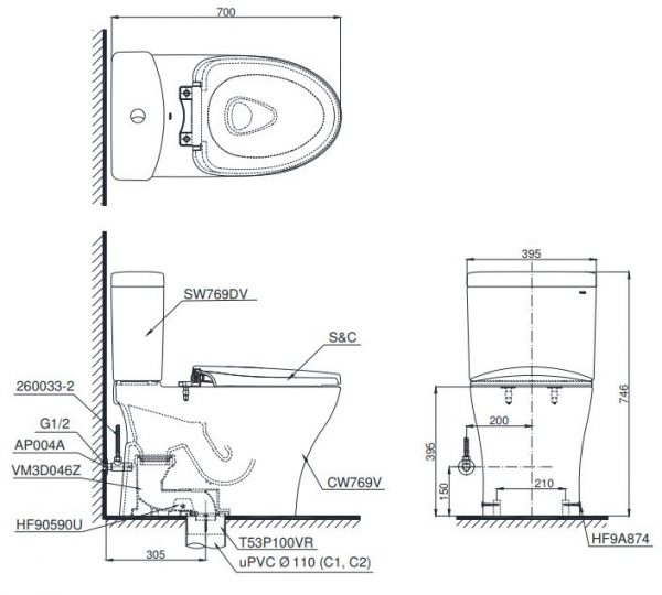 Bồn cầu 2 khối TOTO CS769DT8 (CS769DRT8) nắp TC600VS 2