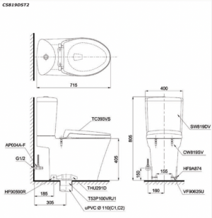 Bồn cầu 2 khối TOTO CS819DST2 nắp êm TC393VS