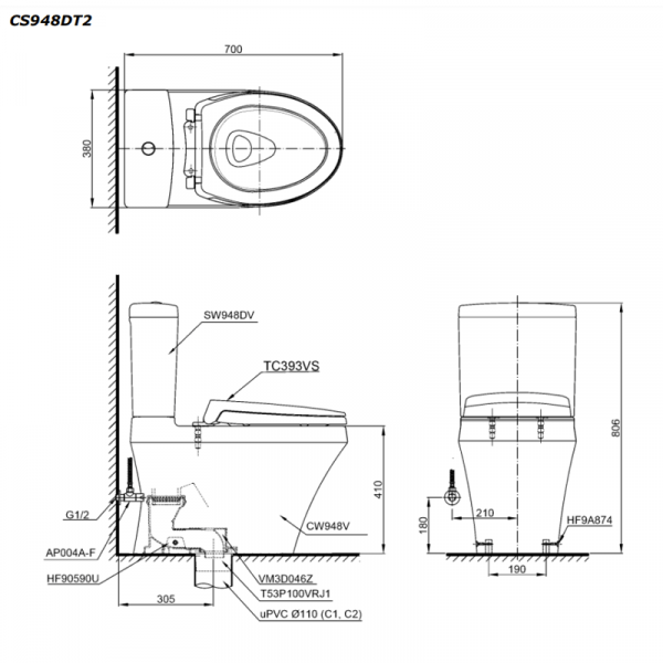 Bồn-cầu-2-khối-TOTO-CS948DT2-nắp-êm-TC393VS