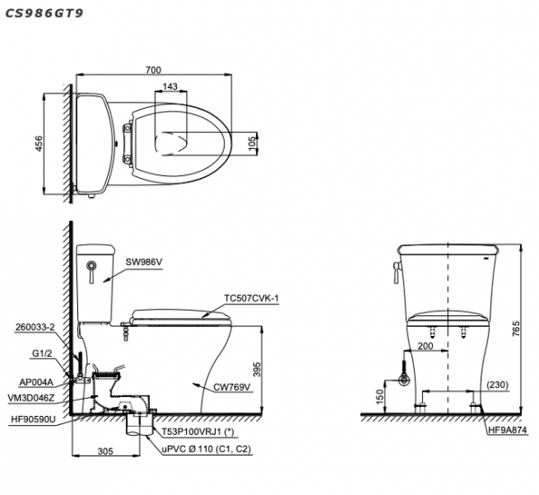 Bồn cầu 2 khối TOTO CS986GT9 nắp êm TC507CVK-1