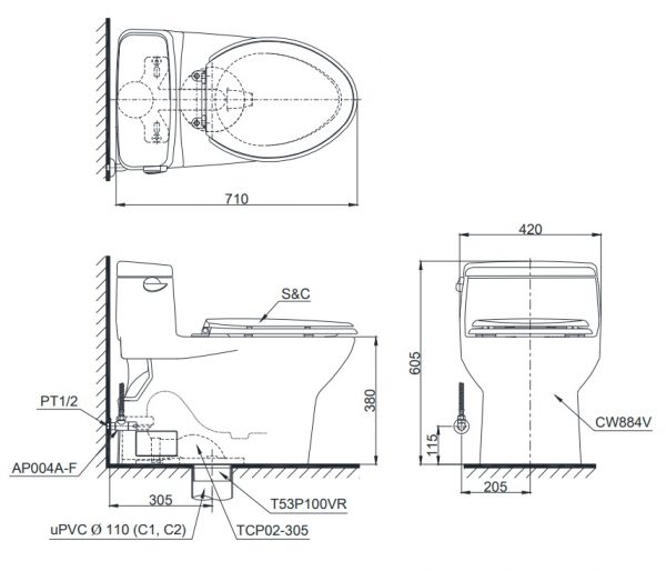 bản vẽ bồn cầu nắp rửa điện tử TOTO MS884W7