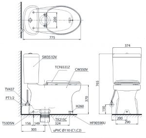 bản vẽ bồn cầu nắp rửa điện tử TOTO CS351DW6