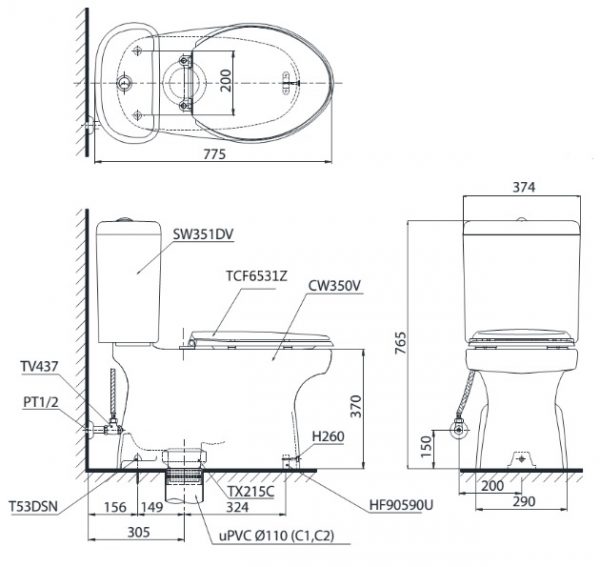 bản vẽ bồn cầu nắp rửa điện tử TOTO CS351DW6