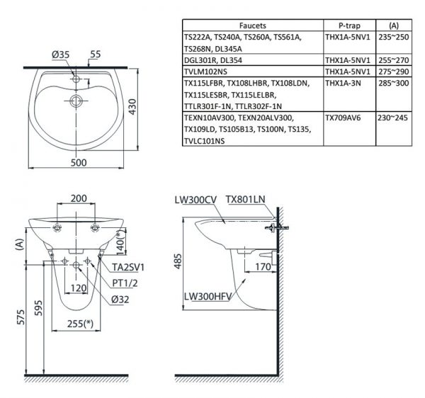 Chậu rửa chân lửng TOTO LHT300CM bản vẽ kỹ thuật