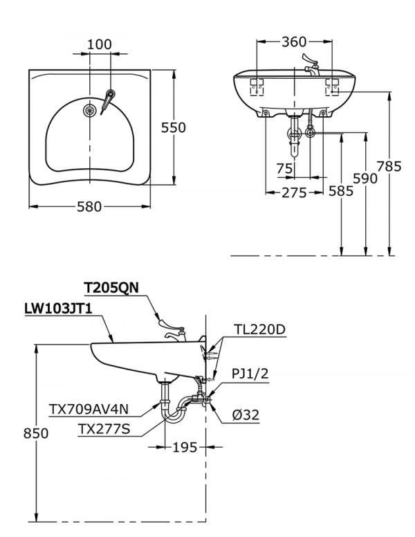 Chậu rửa mặt lavabo TOTO LW103JT1#W cho người tàn tật 2