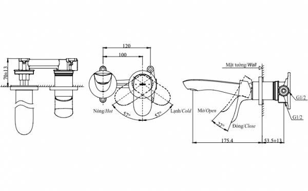 Bản vẽ kỹ thuật Vòi chậu lavabo TOTO TLG01310B nóng lạnh gắn tường