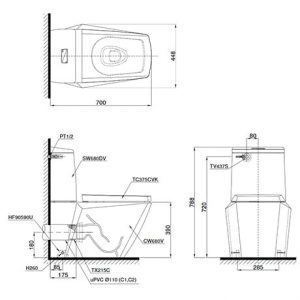 Thông số kĩ thuật sản phẩm bồn cầu 2 khối toto CS680PDT4