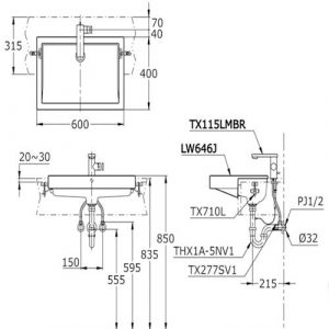 Thông số kỹ thuật Chậu lavabo TOTO LW646JWF bán âm bàn