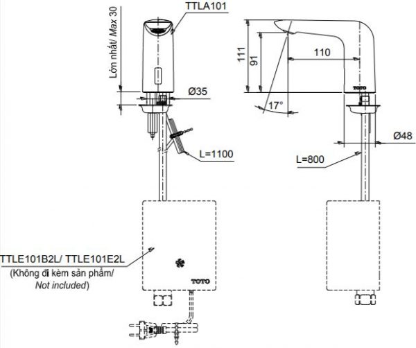 Bản vẽ kỹ thuật vòi tự động TOTO TTLA101+TTLE101B2L