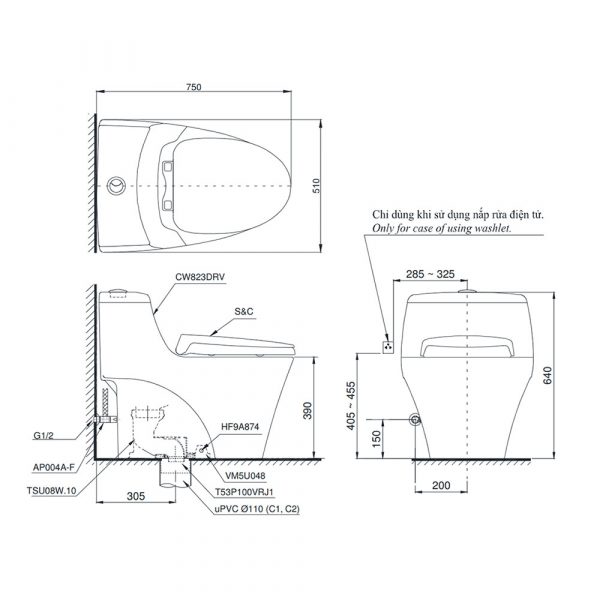 Ban ve ki thuat Bon cau 1 khoi TOTO MS823DRT2XW nap em TC393VS