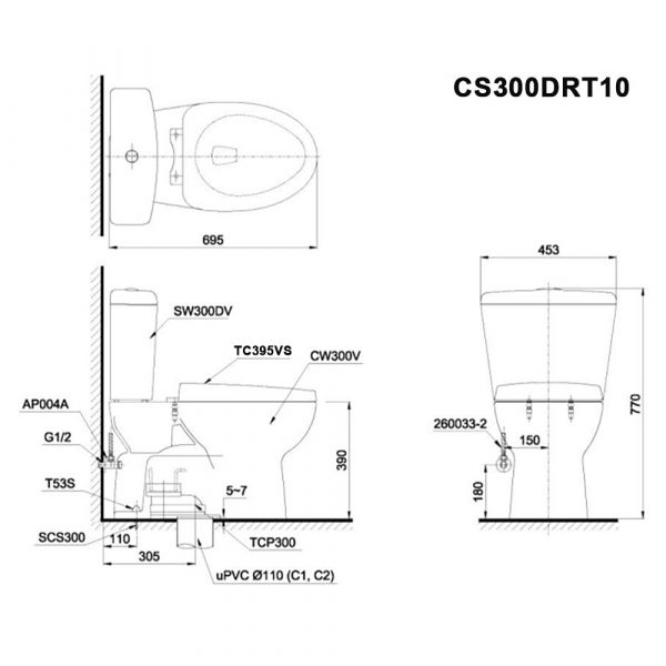 Ban ve ki thuat Bon cau 2 khoi TOTO CS300DRT10 nap em TC395VS 1