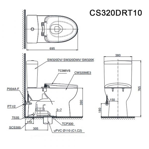 Ban ve ki thuat Bon cau 2 khoi TOTO CS320DRT10W nap em TC395VS