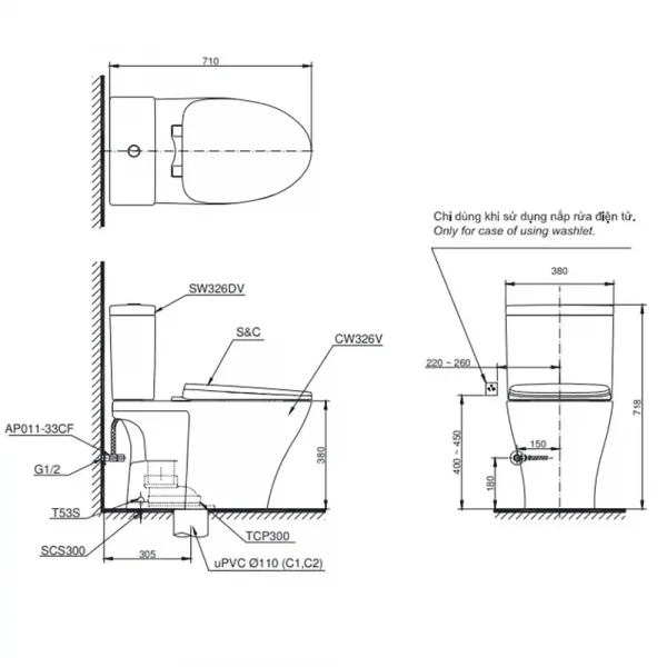 Ban ve ki thuat Bon cau 2 khoi TOTO CS326DT10XW nap em TC395VS