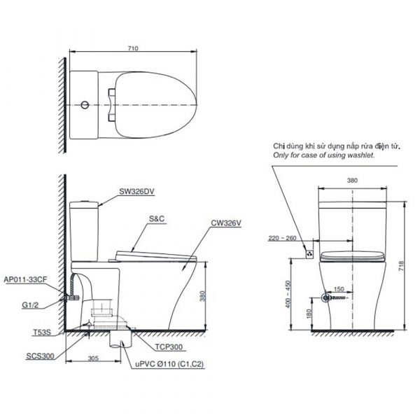 Ban ve ki thuat Bon cau 2 khoi TOTO CS326DT3XW nap em TC385VS