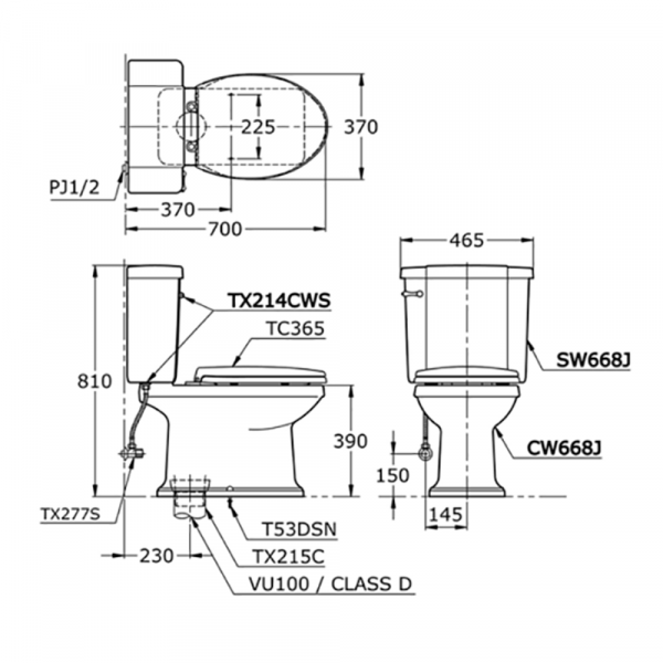 Ban ve ki thuat Bon cau 2 khoi TOTO CW668J SW668J 214 TC393VS TX215C HAP004A F T53DSR nap em