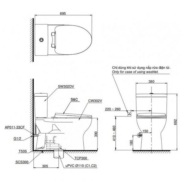 Ban ve ki thuat Bon cau thong minh TOTO CS302DE4W nap rua co TCW1211A