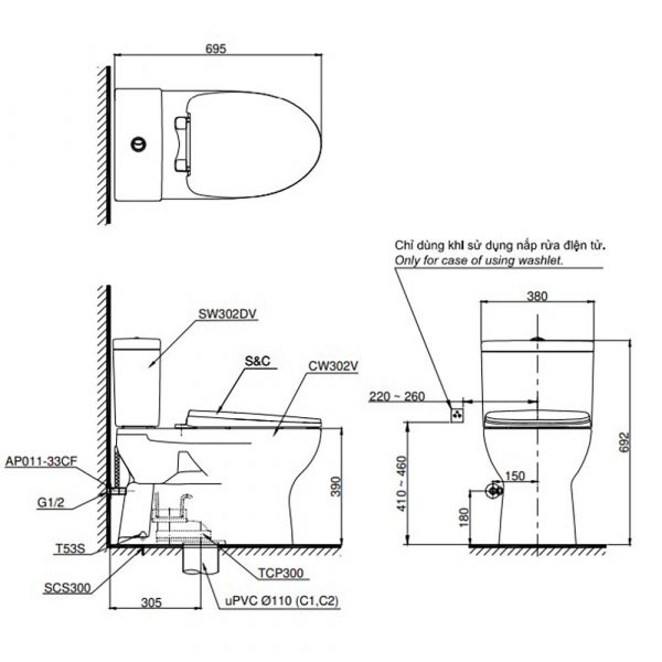 Ban ve ki thuat Bon cau thong minh TOTO CS302DW14W nap rua dien tu TCF24410AAA