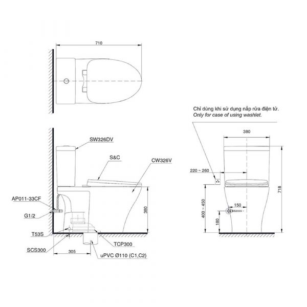 Ban ve ki thuat Bon cau thong minh TOTO CS326DW14XW nap rua dien tu TCF24410AAA