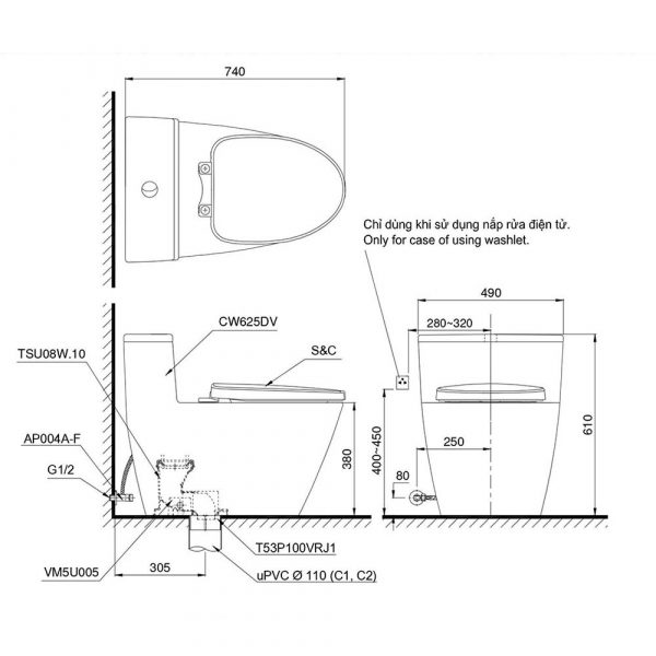 Ban ve ki thuat Bon cau thong minh TOTO MS625DW11XW nap rua dien tu TCF4911Z