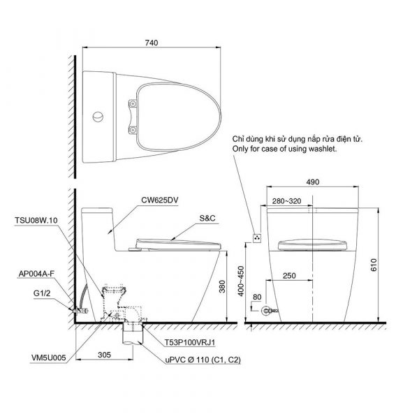 Ban ve ki thuat Bon cau thong minh TOTO MS625DW16XW nap rua thong minh TCF23410AAA